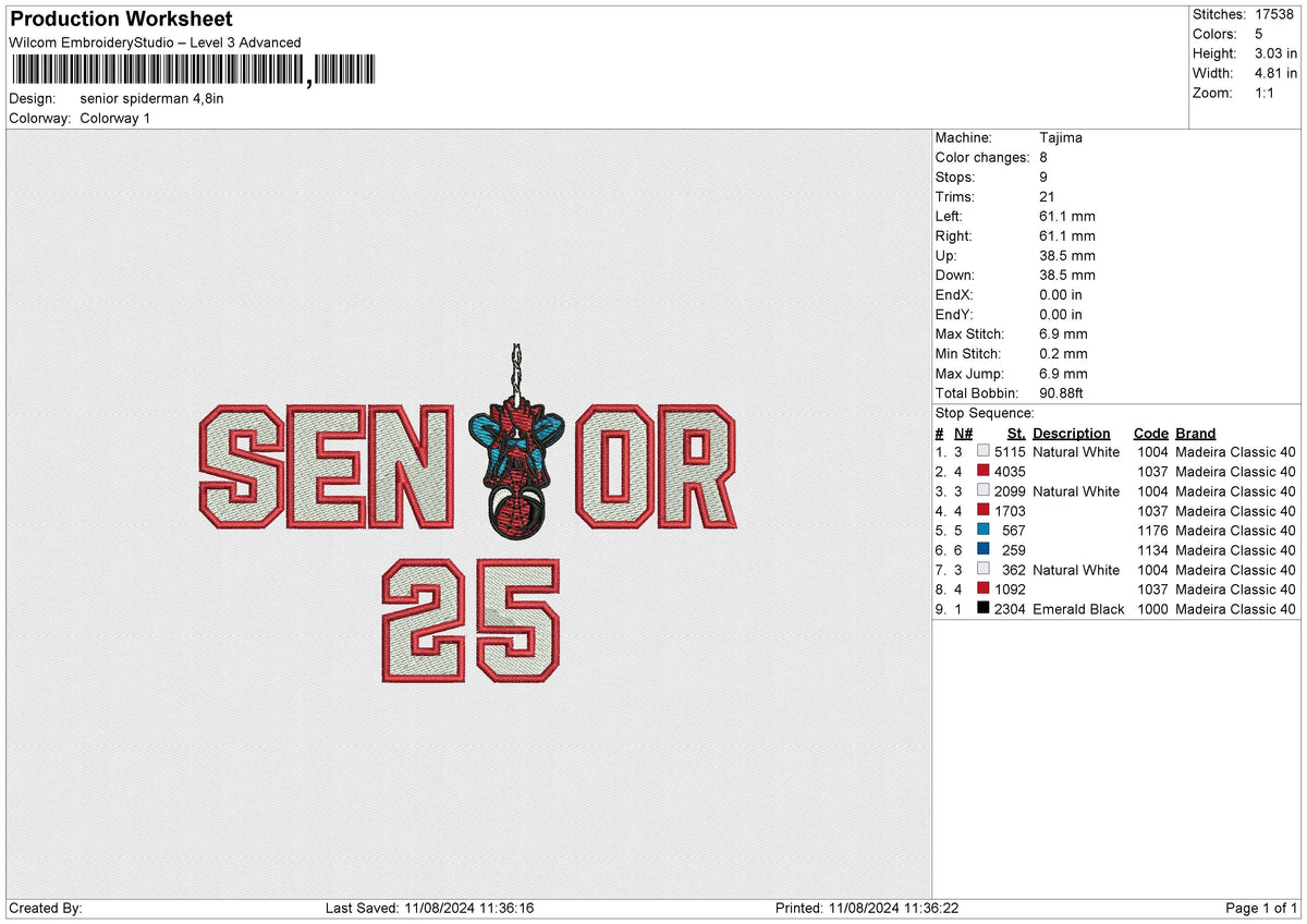 Senior Spiderman Embroidery File 6 size
