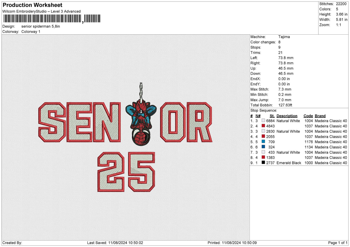 Senior Spiderman Embroidery File 6 size