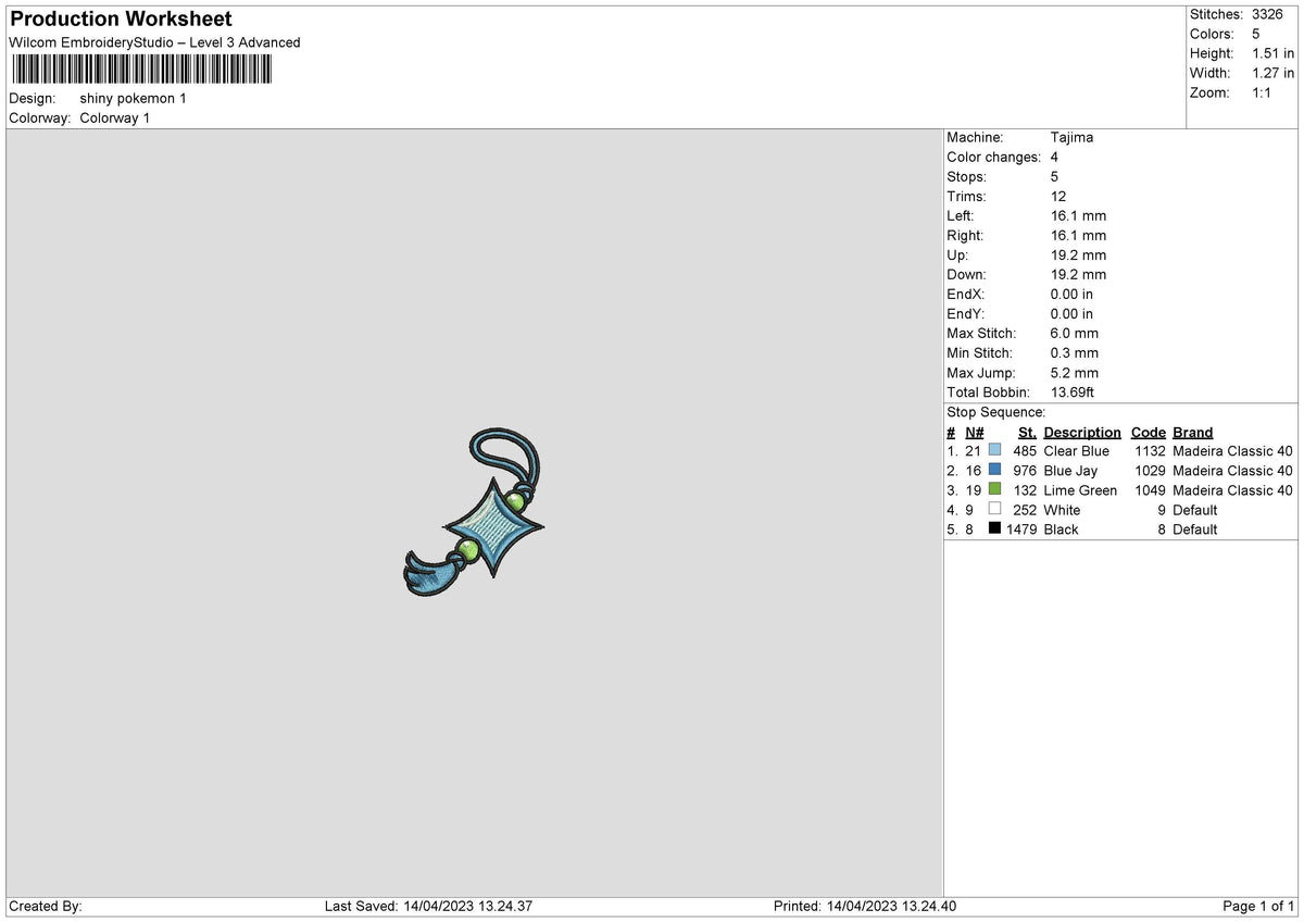 Shiny Pokemon Embroiery File 6 sizes