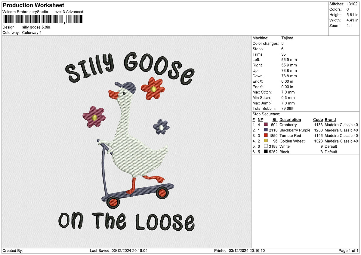 silly goose Embroidery File 6 size