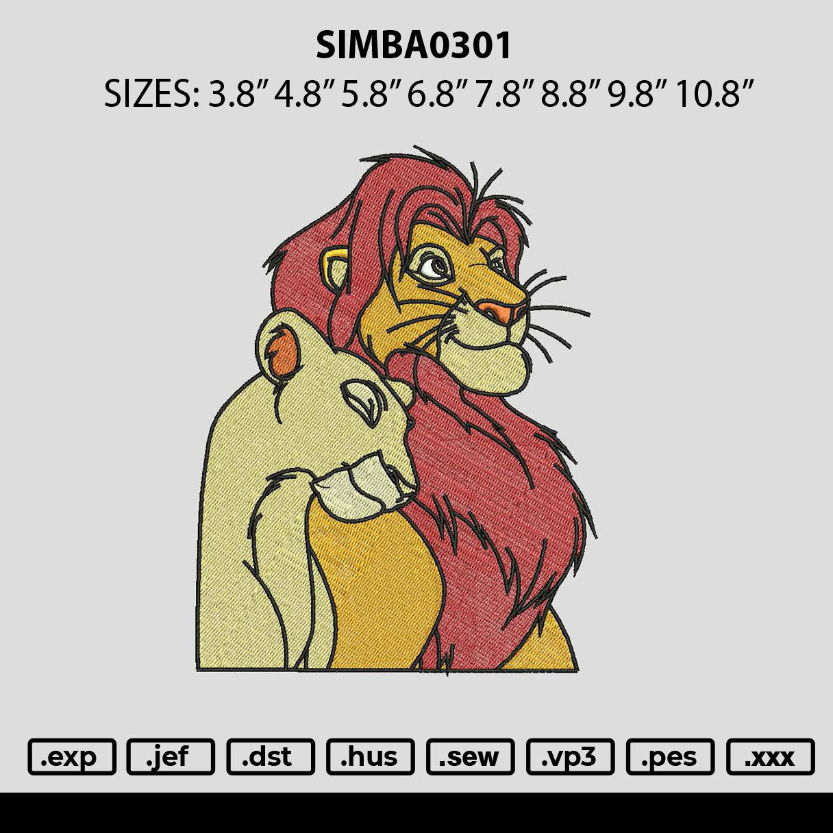 Simba0301 Embroidery File 6 sizes