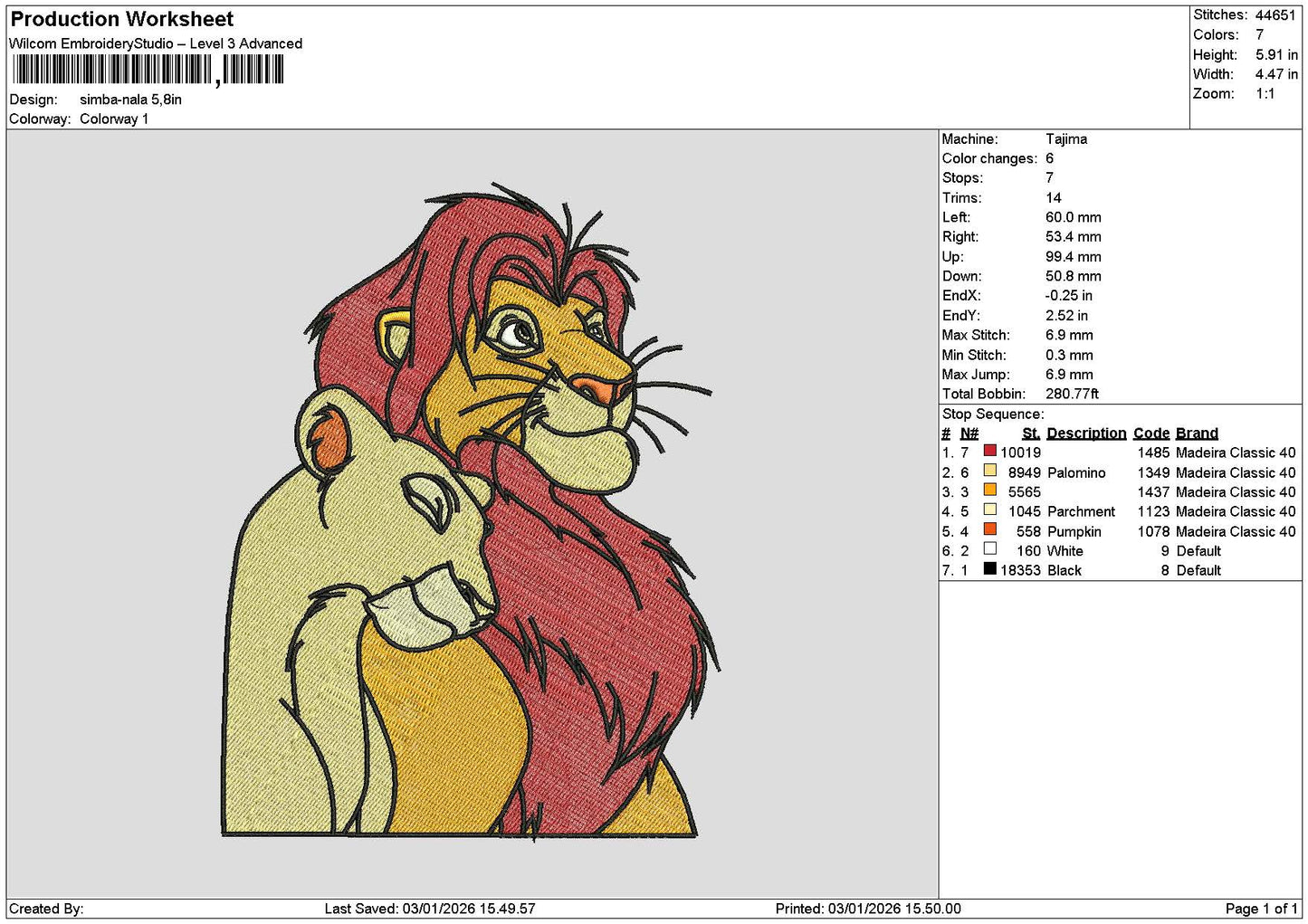 Simba0301 Embroidery File 6 sizes