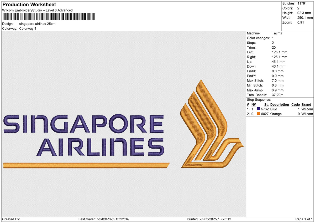 Singapore Airlines Embroidery File 6 size