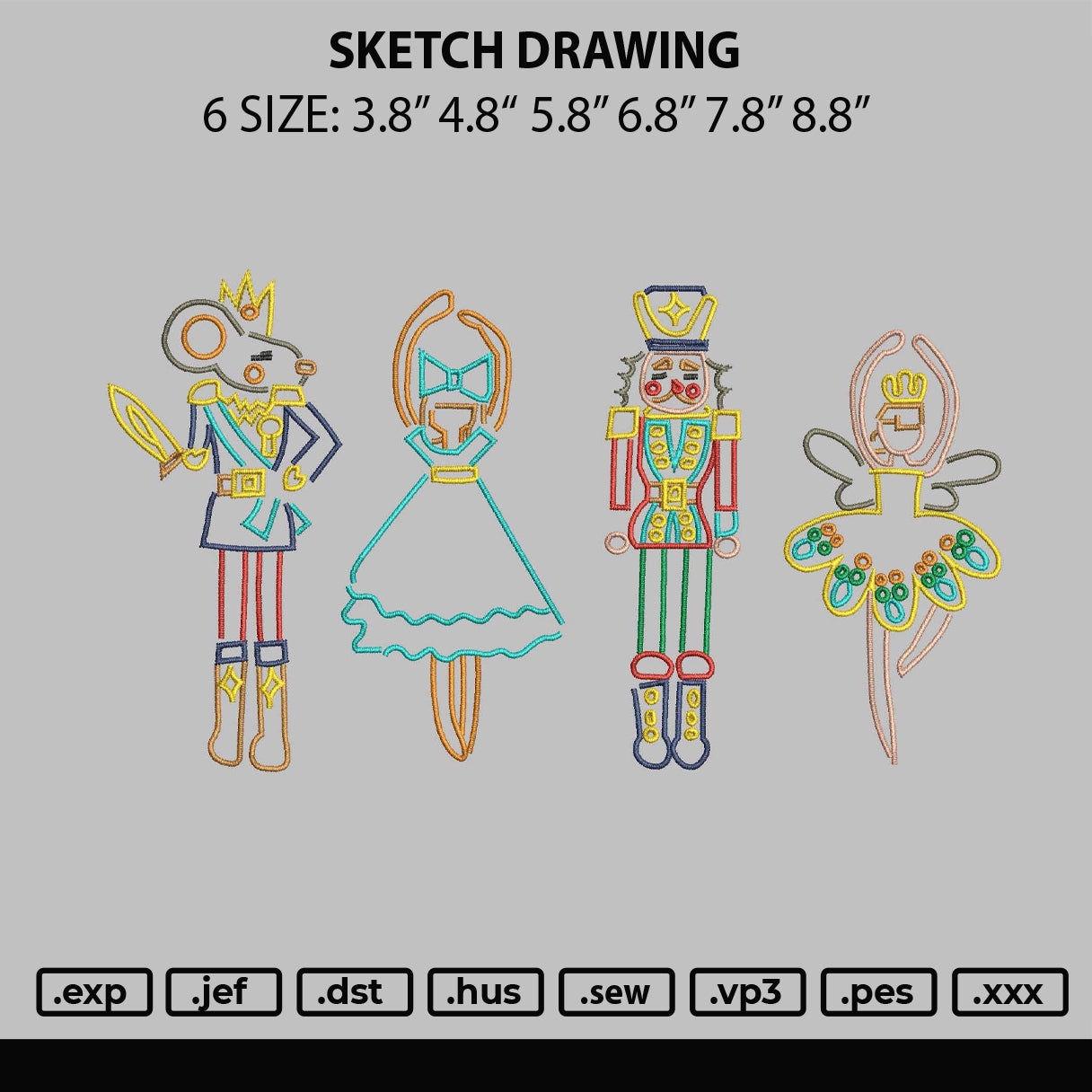 sketch drawing Embroidery File 6 sizes