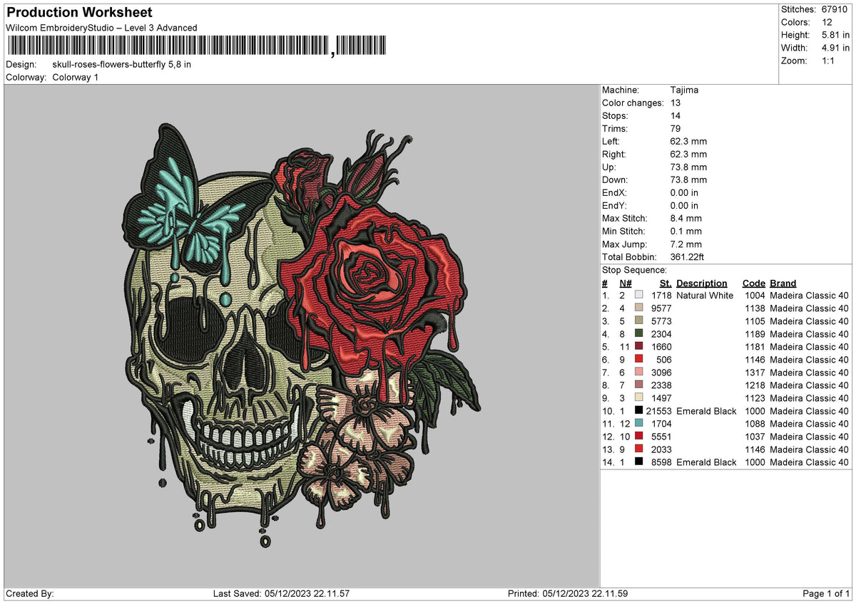 Skull Roses Embroidery File 6 sizes