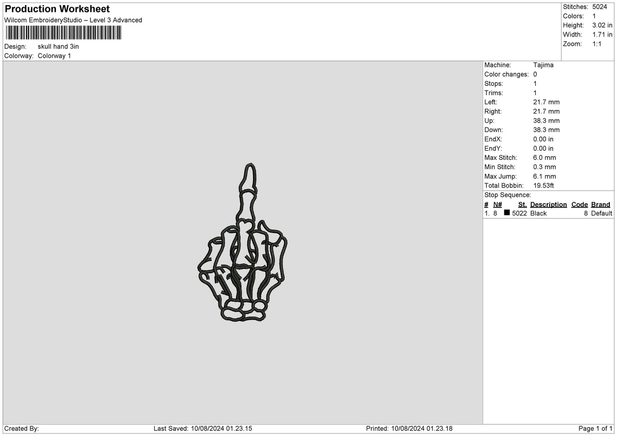 Skull Hand 0908 Embroidery File 6 sizes