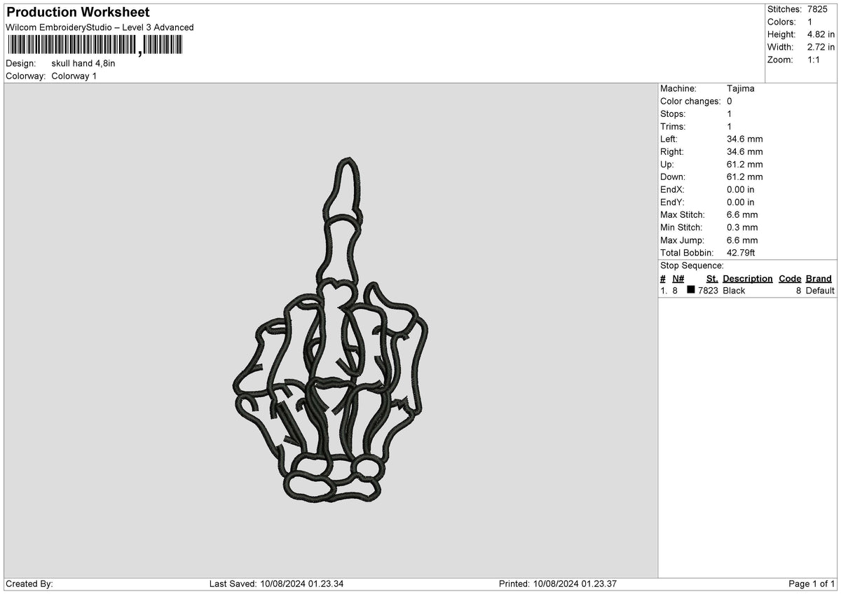 Skull Hand 0908 Embroidery File 6 sizes