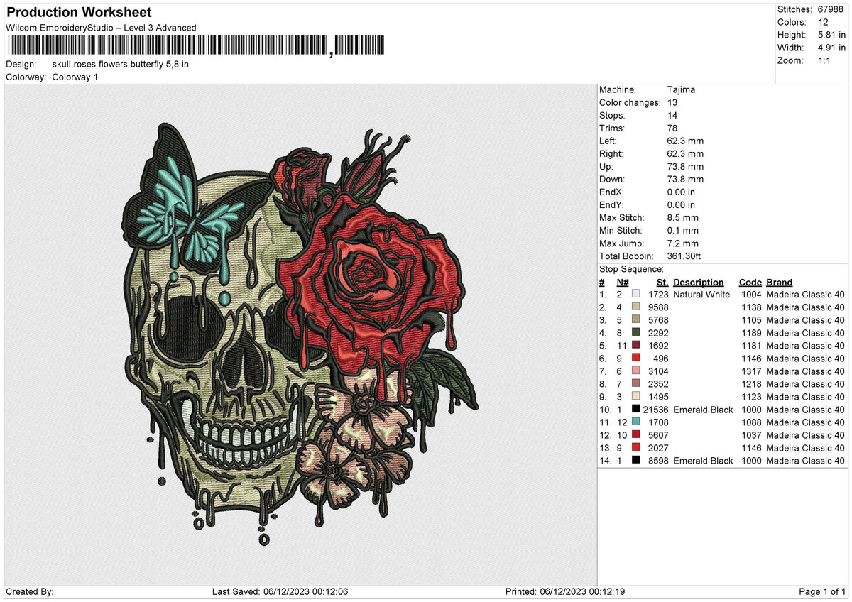 Skull roses flowers Butterfly Embroidery File 6 size