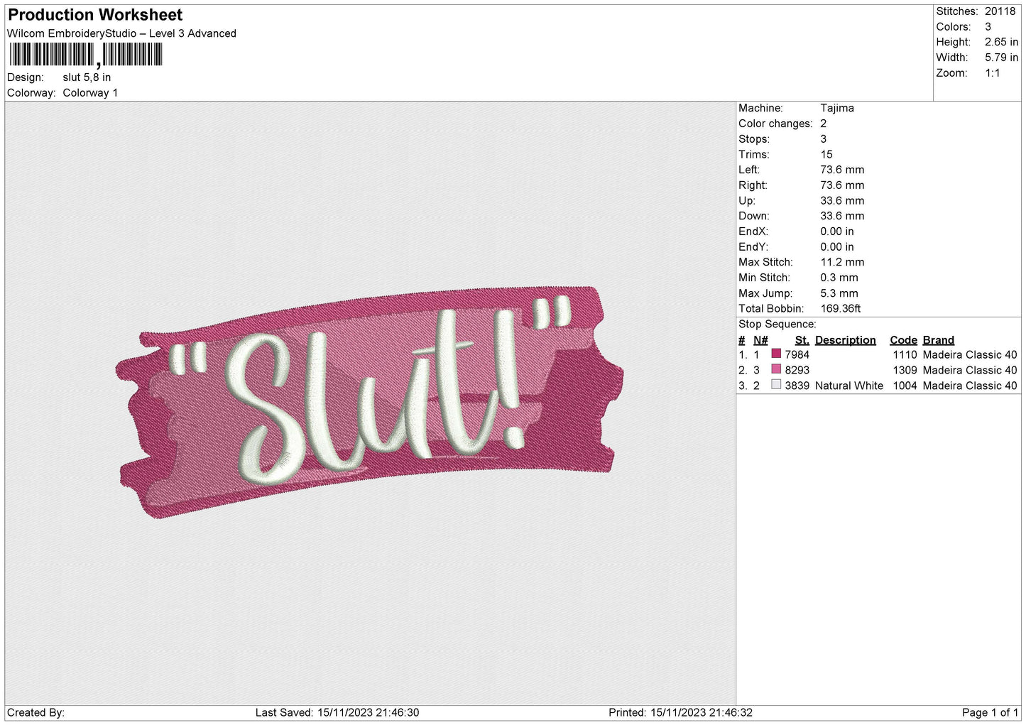 SLUT Embroidery File 6 size
