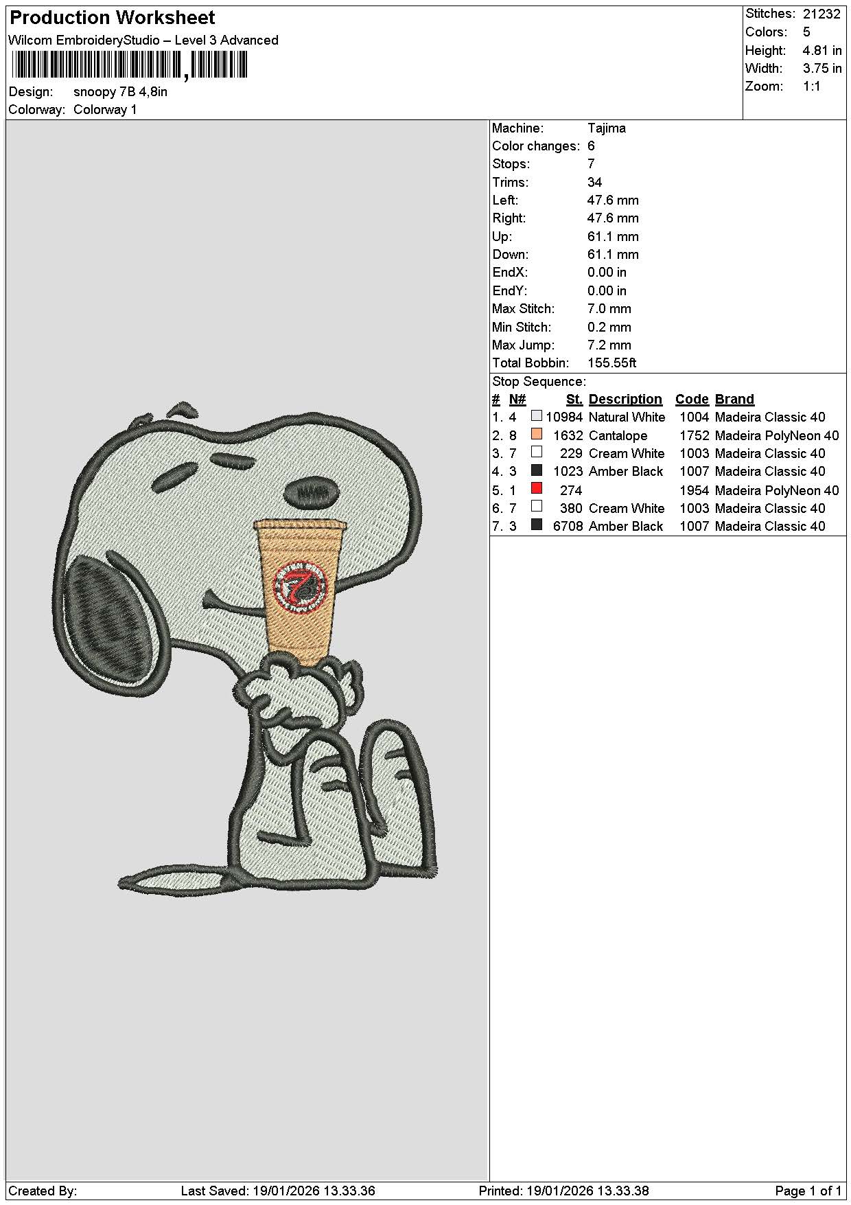 Snoopy Coffee 1901 Embroidery File 6 sizes