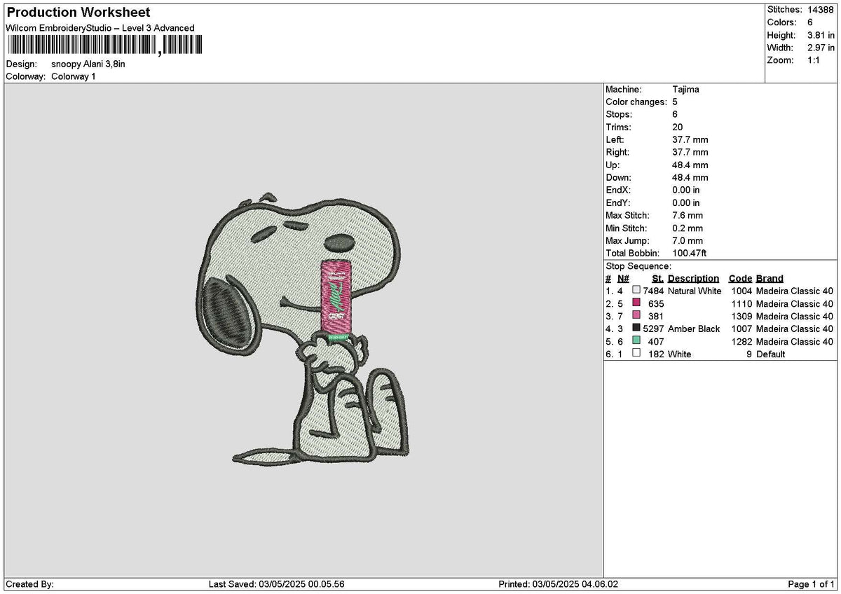 Snoopy Alani Embroidery File 6 sizes