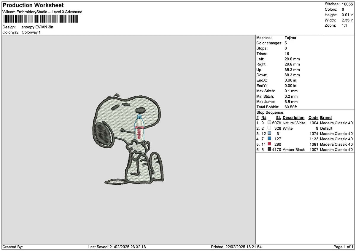 Snoopy Evian Embroidery File 6 sizes
