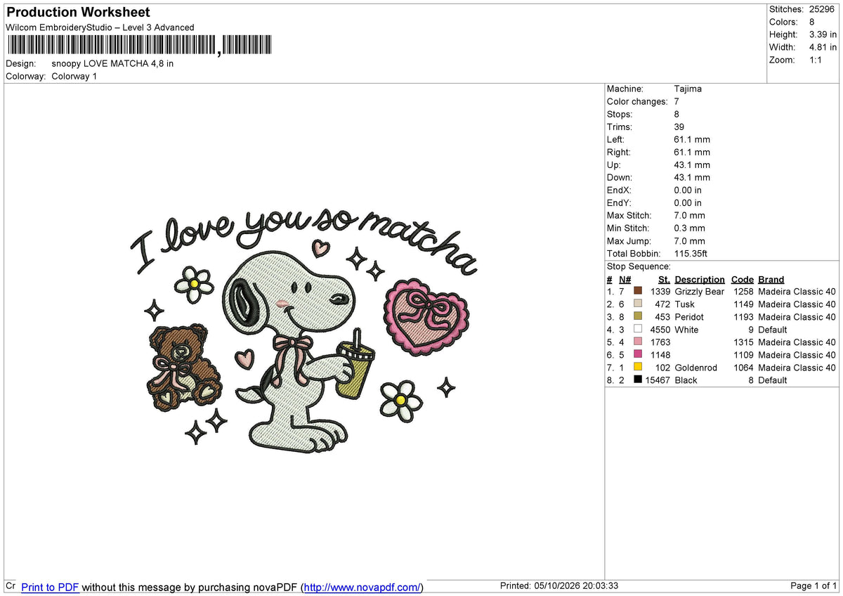 Snoopy LOVE MATCHA Embroidery File 6 size