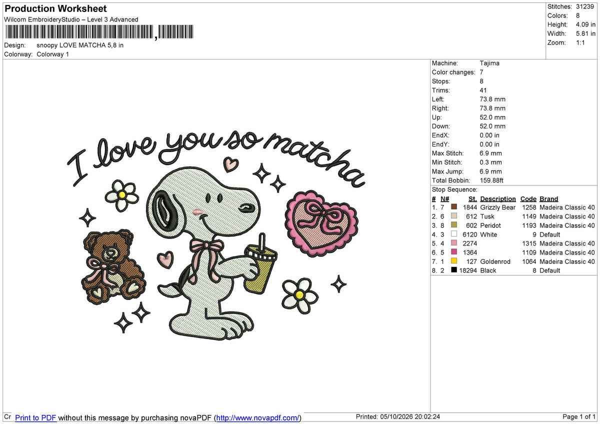 Snoopy LOVE MATCHA Embroidery File 6 size