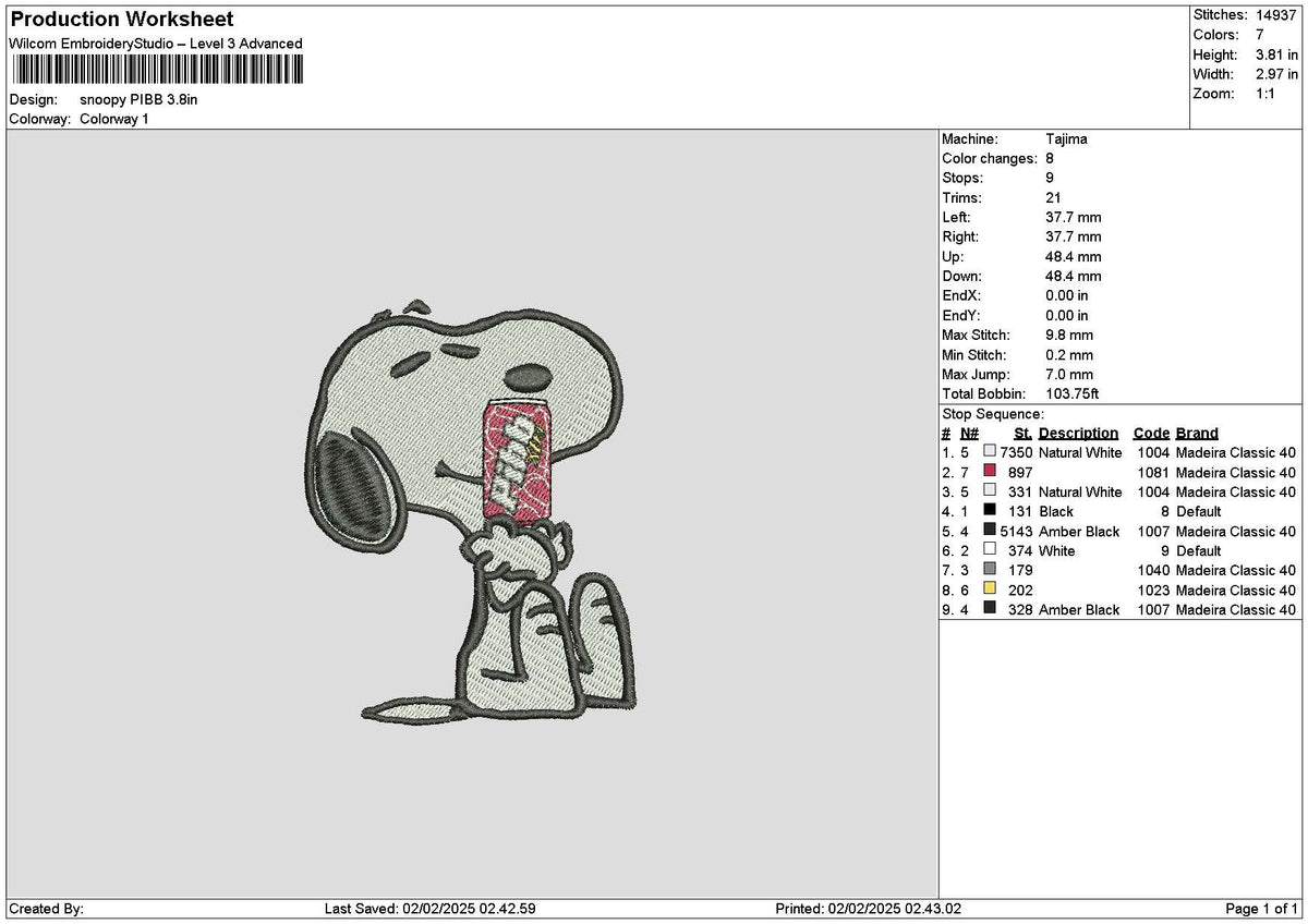 Snoopy Pibb Embroidery File 6 sizes