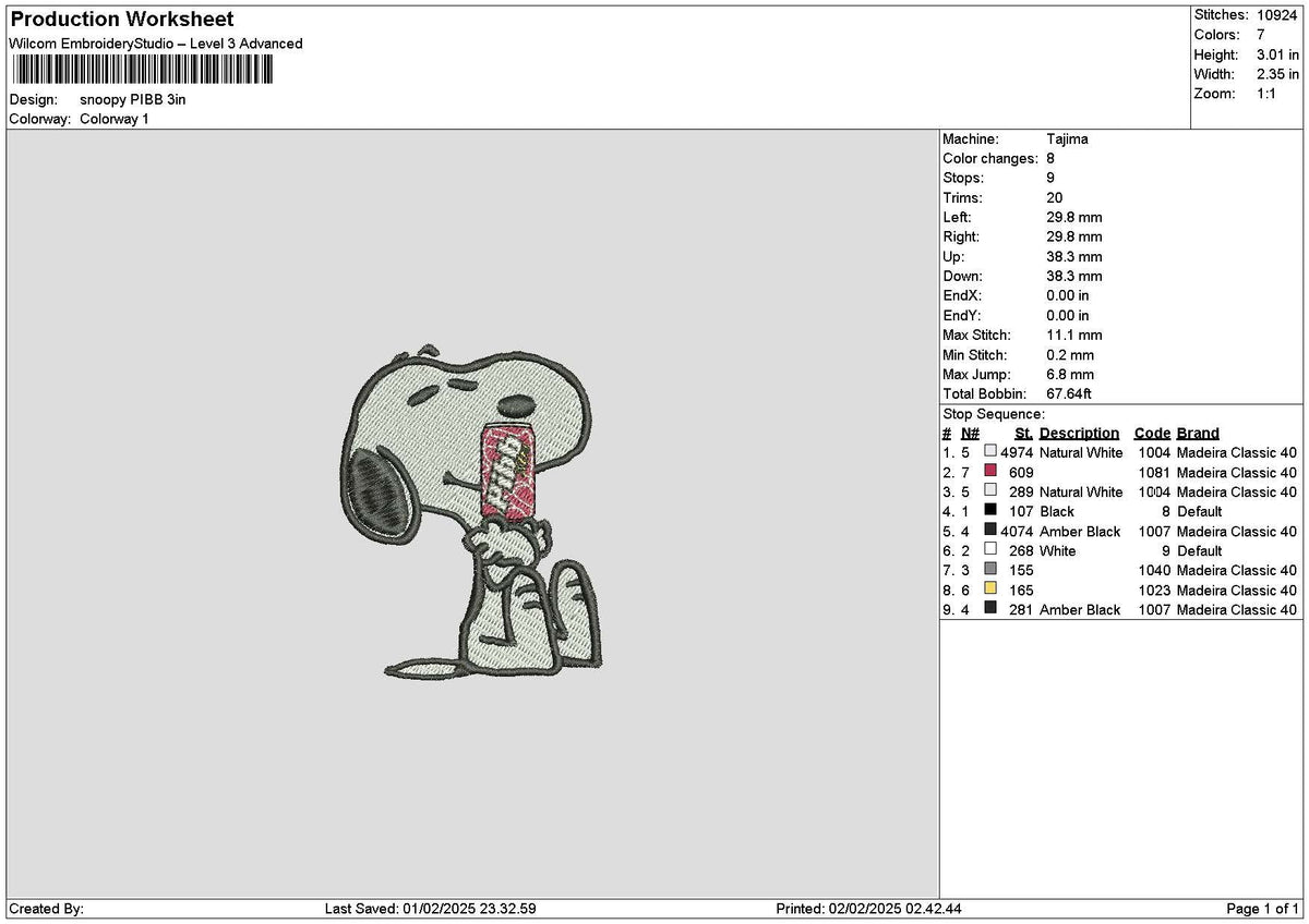 Snoopy Pibb Embroidery File 6 sizes