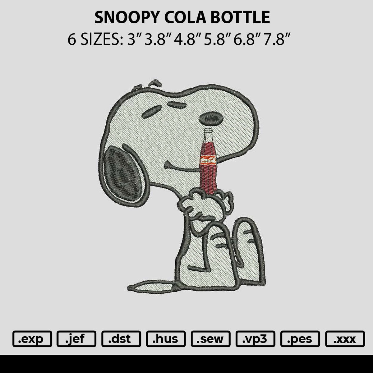 Snoopy Cola Bottle Embroidery File 6 sizes