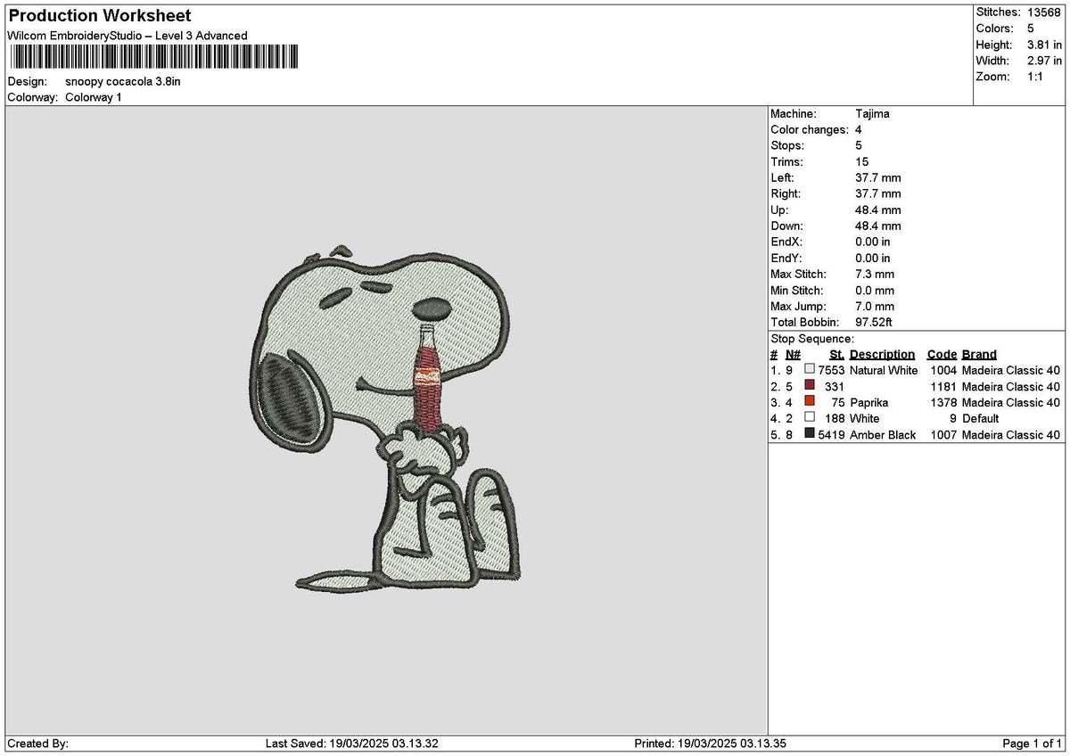 Snoopy Cola Bottle Embroidery File 6 sizes