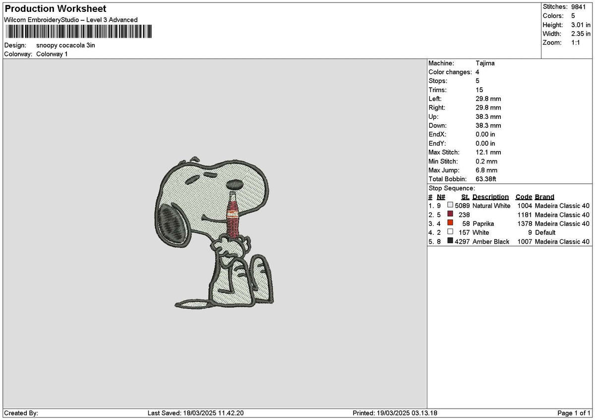 Snoopy Cola Bottle Embroidery File 6 sizes