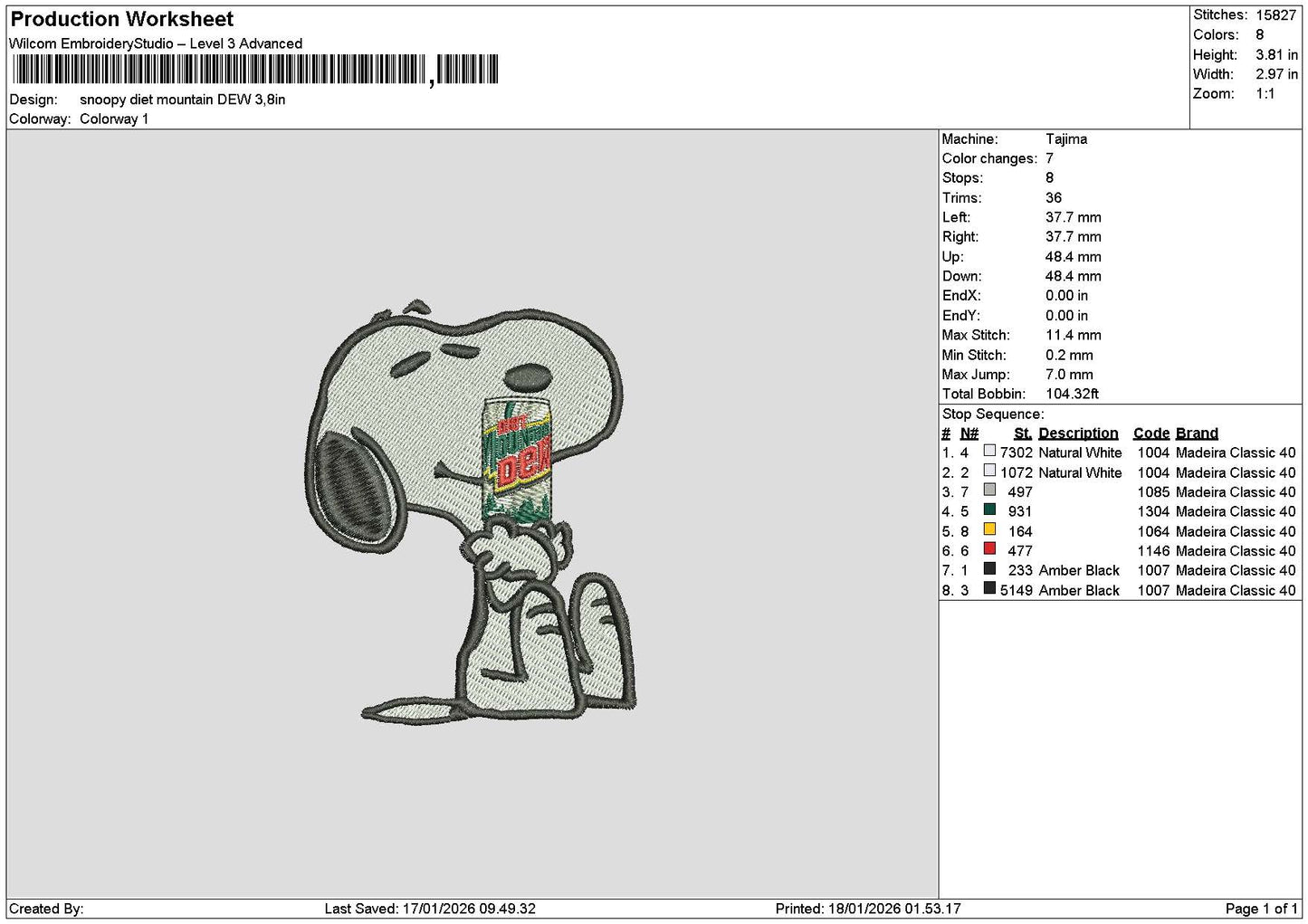 Snoopy Dietdew Embroidery File 6 sizes