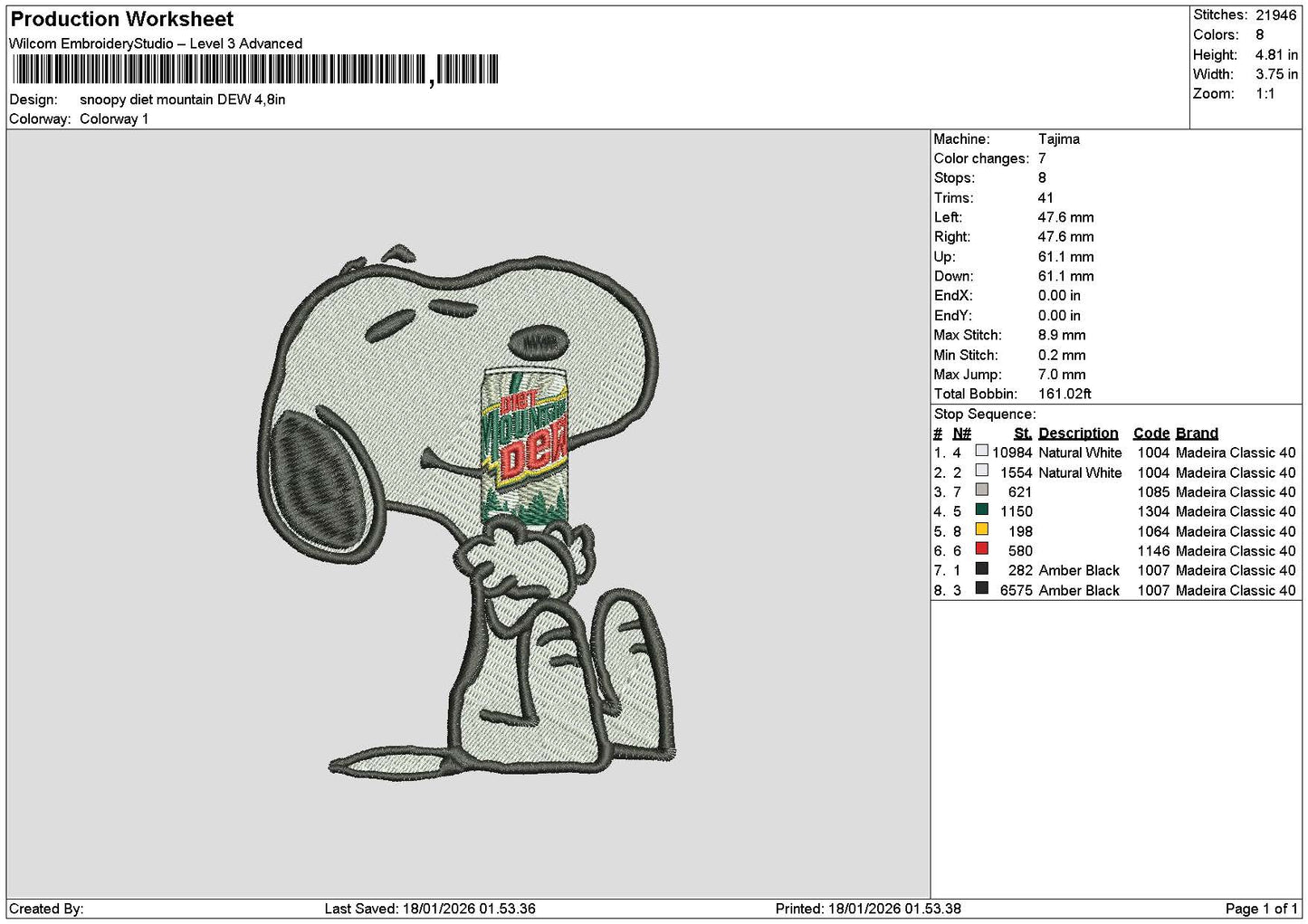 Snoopy Dietdew Embroidery File 6 sizes