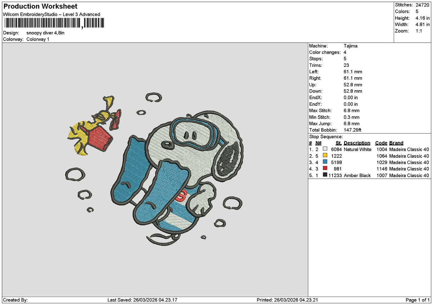 Snoopy2603 Embroidery File 6 sizes