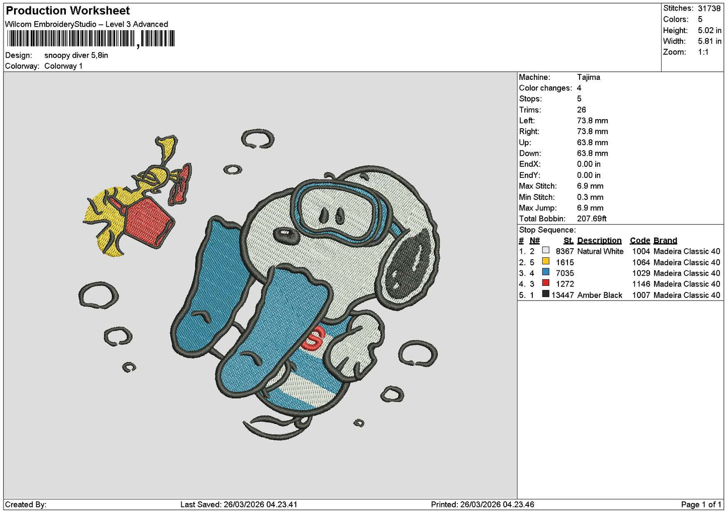 Snoopy2603 Embroidery File 6 sizes