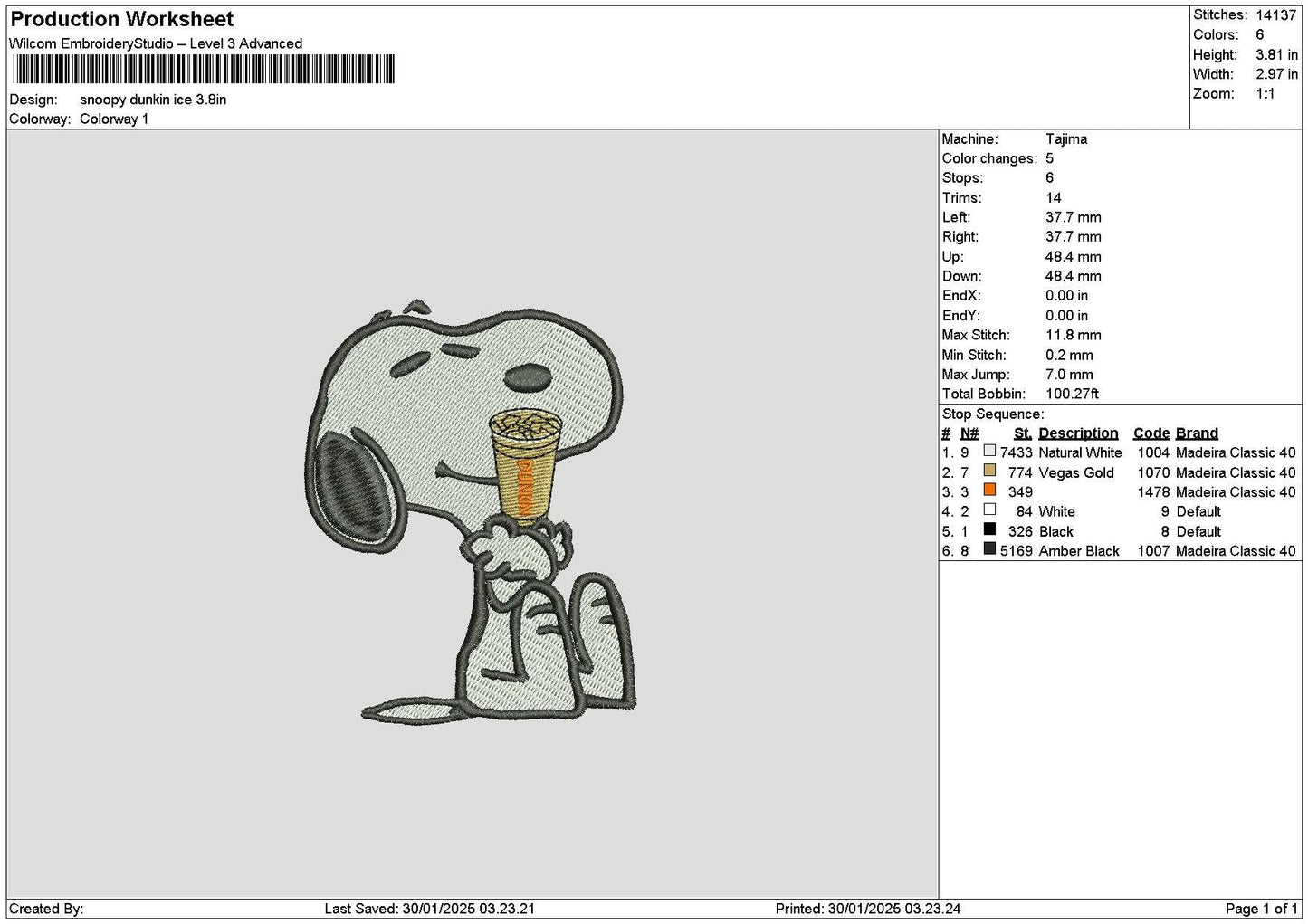 Snoopy Dunkin Embroidery File 6 sizes