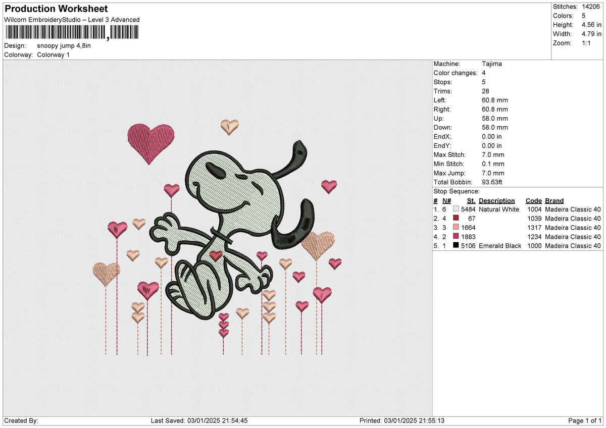 Snoopy Jump Embroidery File 6 size