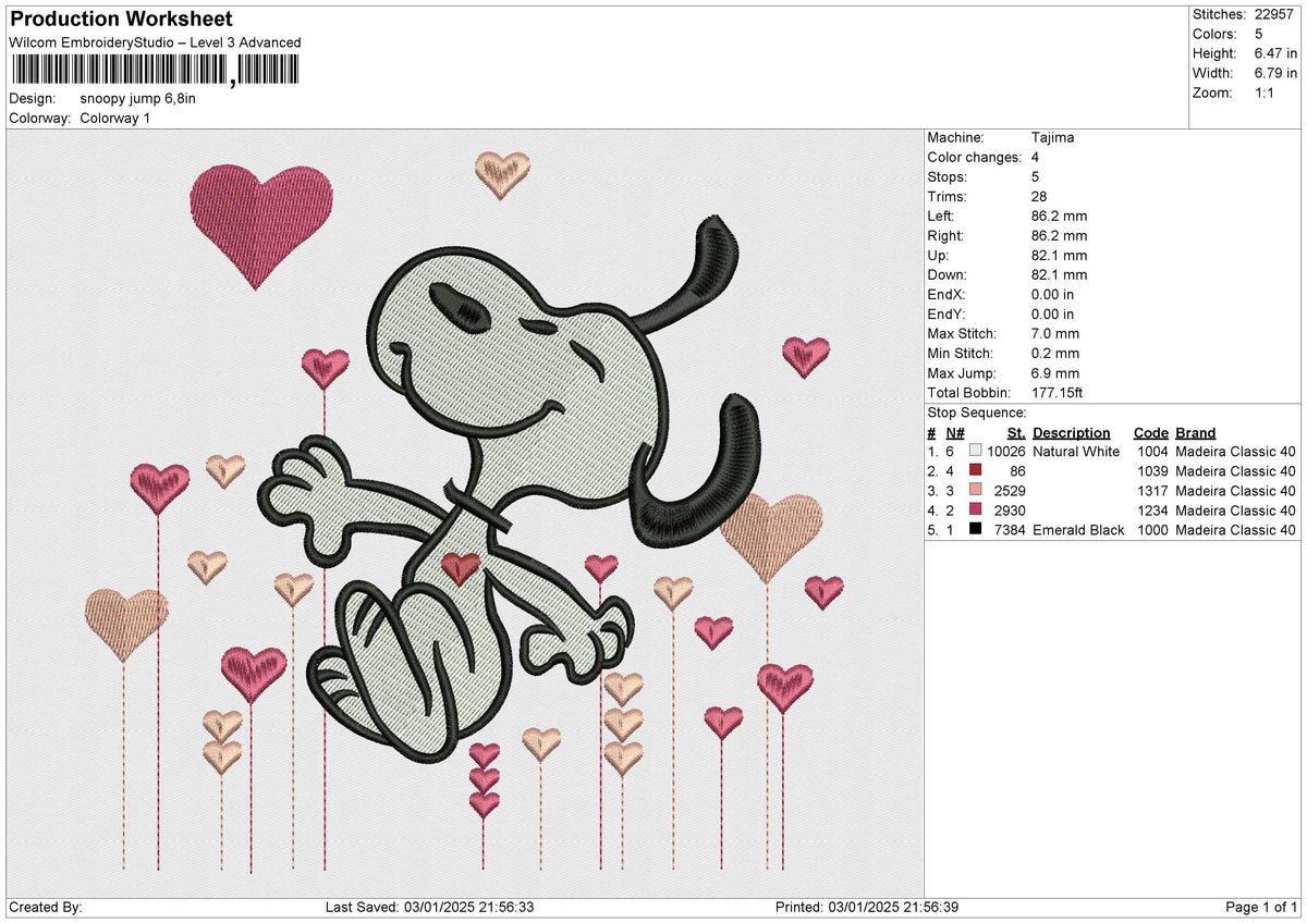 Snoopy Jump Embroidery File 6 size
