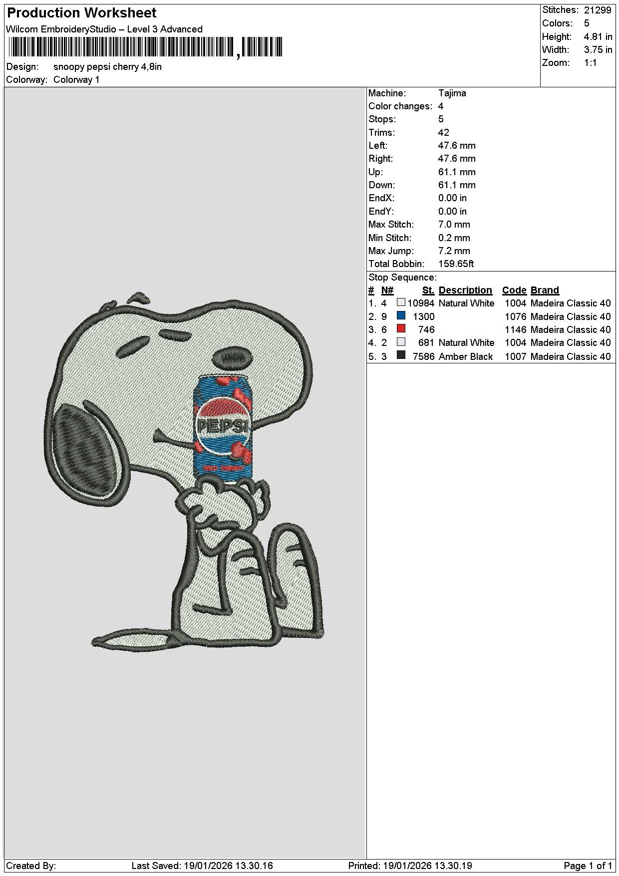 Snoopy Pepsicherry Embroidery File 6 sizes