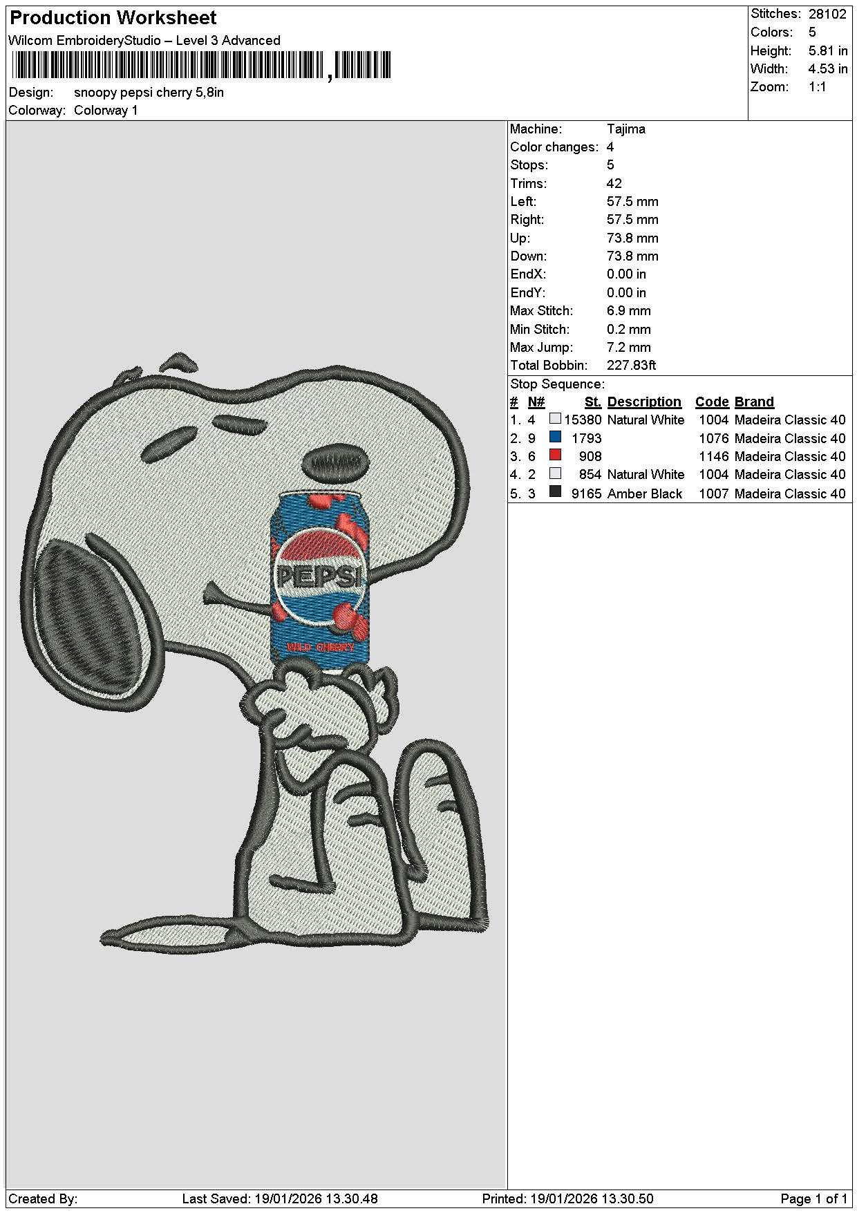 Snoopy Pepsicherry Embroidery File 6 sizes