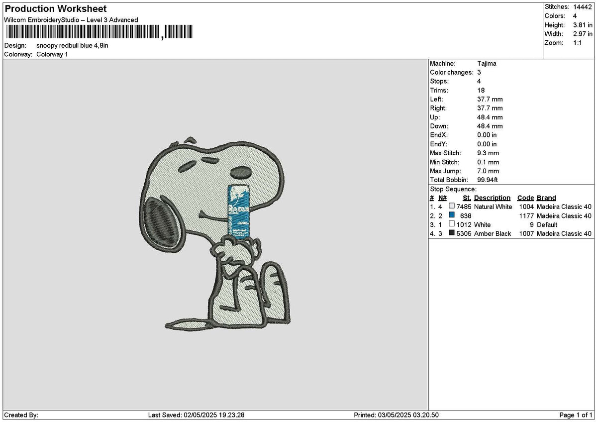 Snoopy Redbull Blue Embroidery File 6 sizes