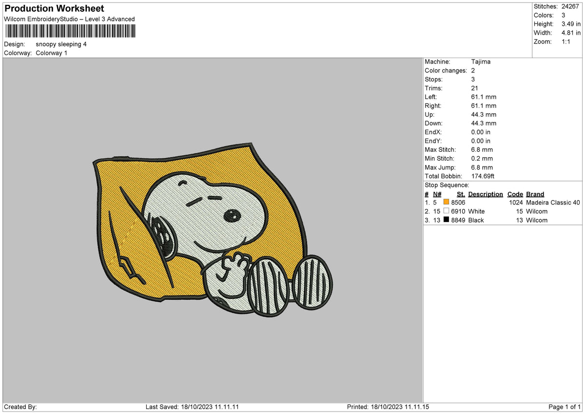 Snoopysleep Embroidery File 6 sizes
