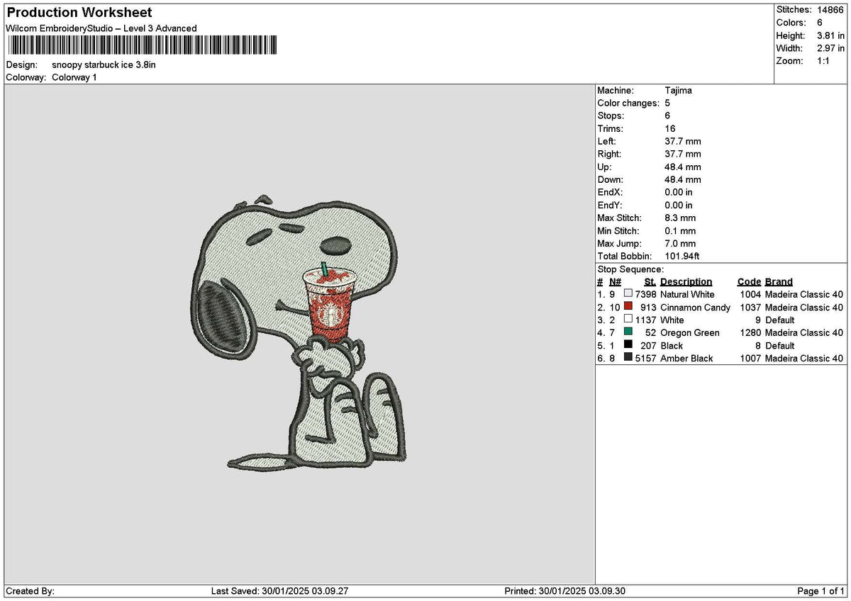 Snoopy Starbuck 02 Embroidery File 6 sizes