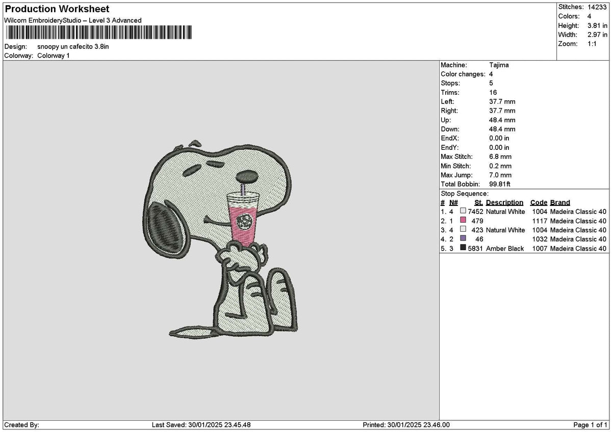 Snoopy Cafecito Embroidery File 6 sizes