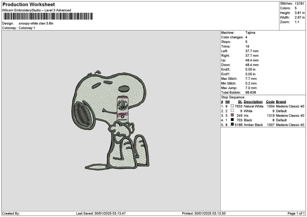 Snoopy White Claw Embroidery File 6 size
