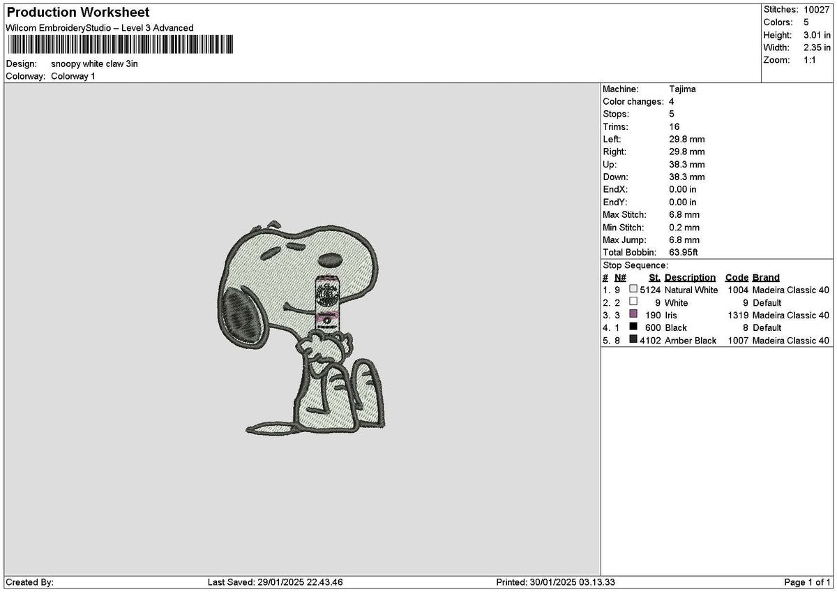 Snoopy White Claw Embroidery File 6 size