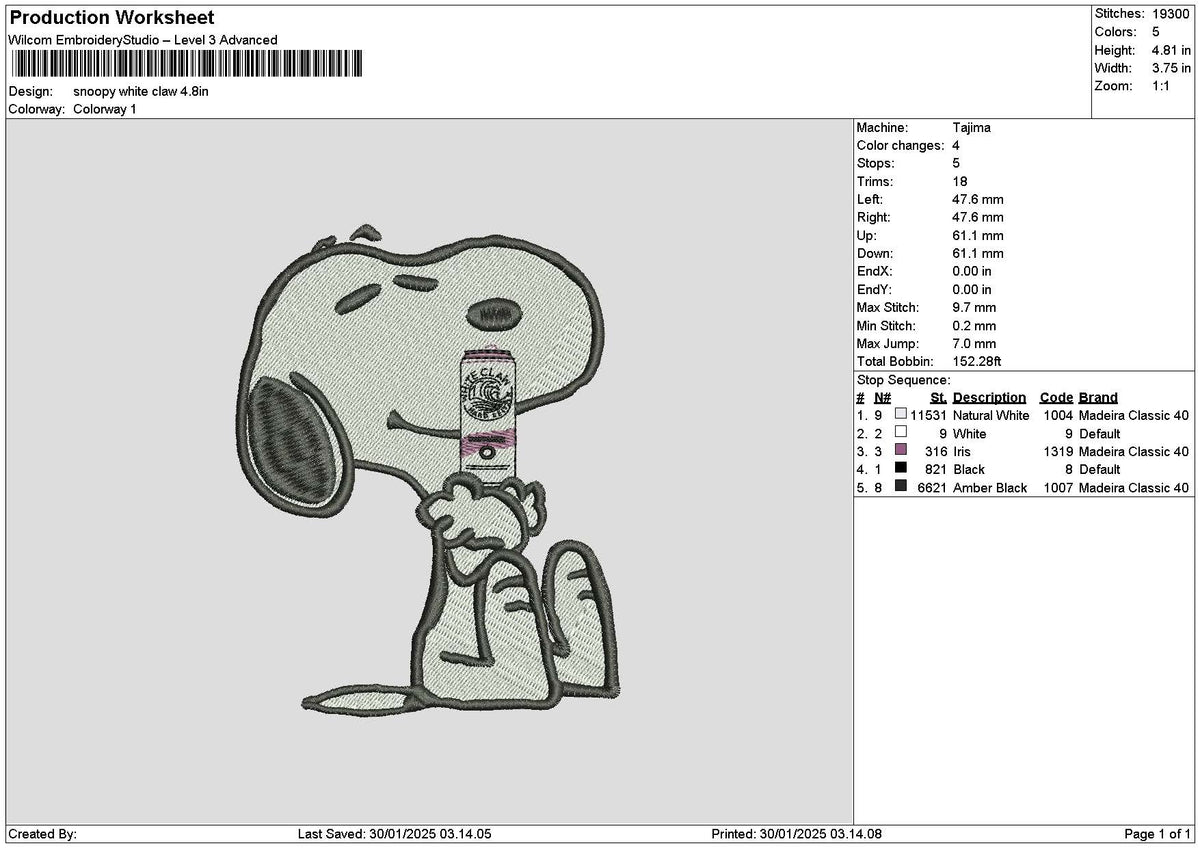 Snoopy White Claw Embroidery File 6 size