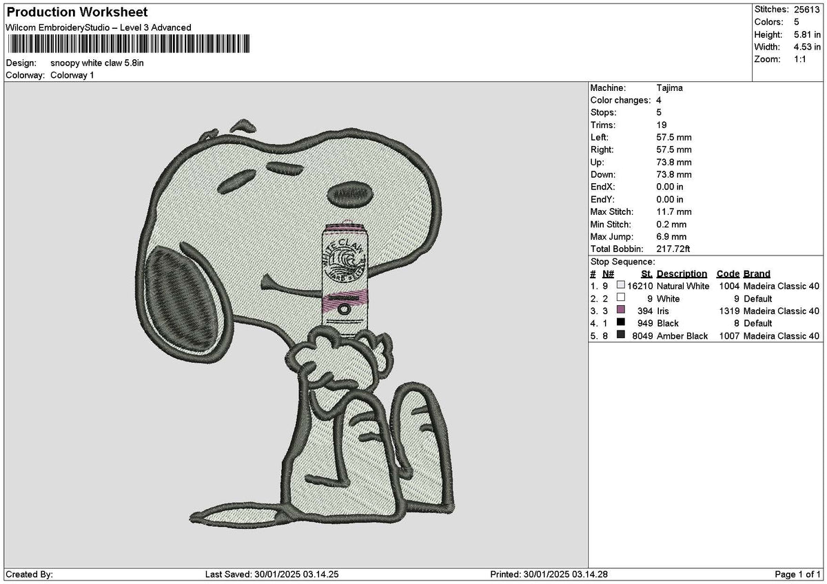 Snoopy White Claw Embroidery File 6 size