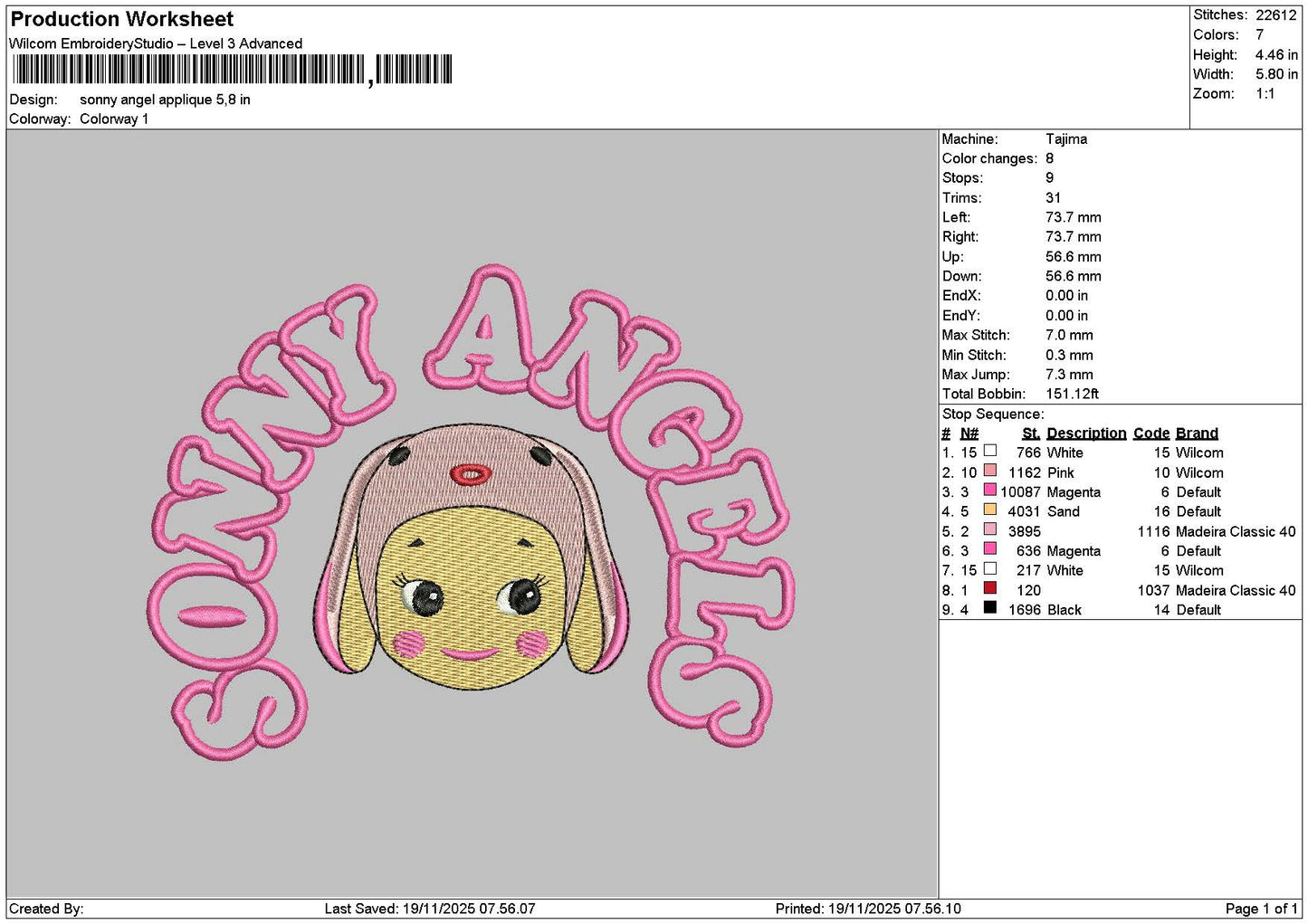 Sonnyhead App Embroidery File 6 sizes
