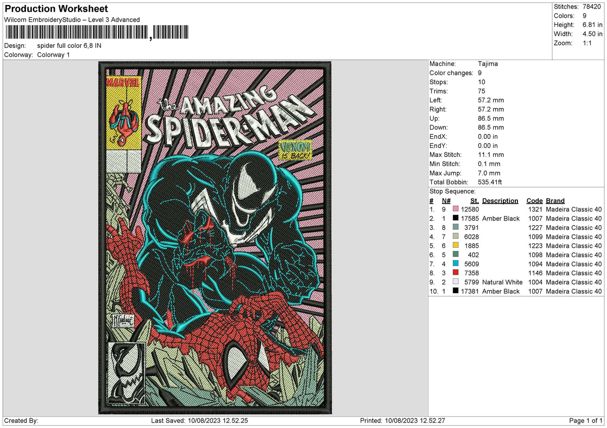 Spider Full Color Embroidery File 6 sizes