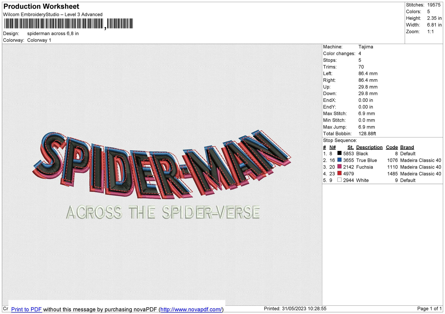 Spiderman Across Embroidery
