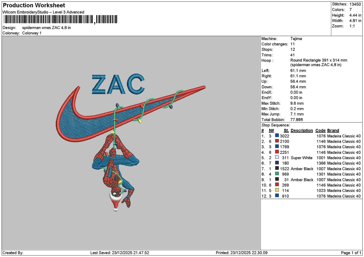 Swoosh spiderxmas 2312 Embroidery File 6 sizes