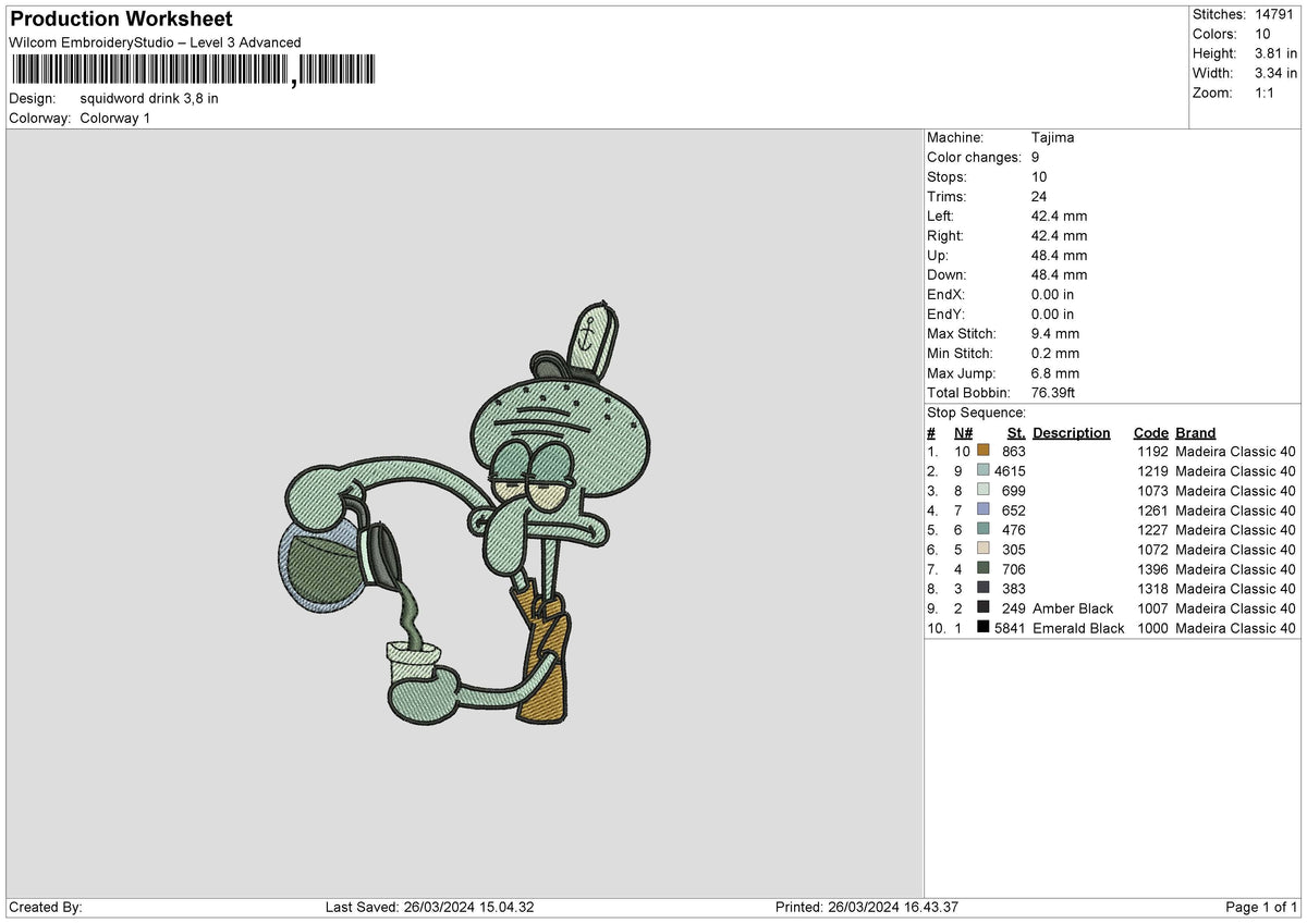 Squid Drink Embroidery File 6 sizes