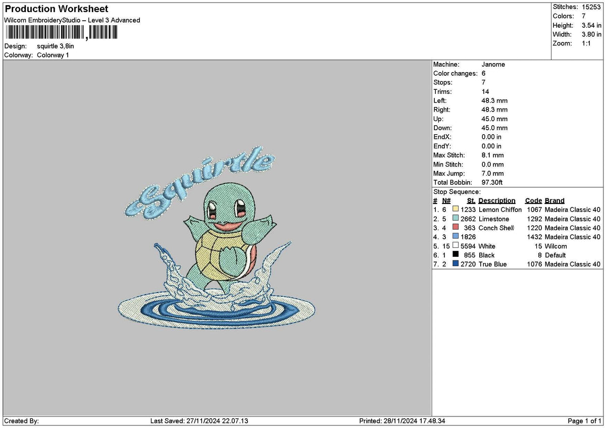 Squirtle01 Embroidery File 6 sizes