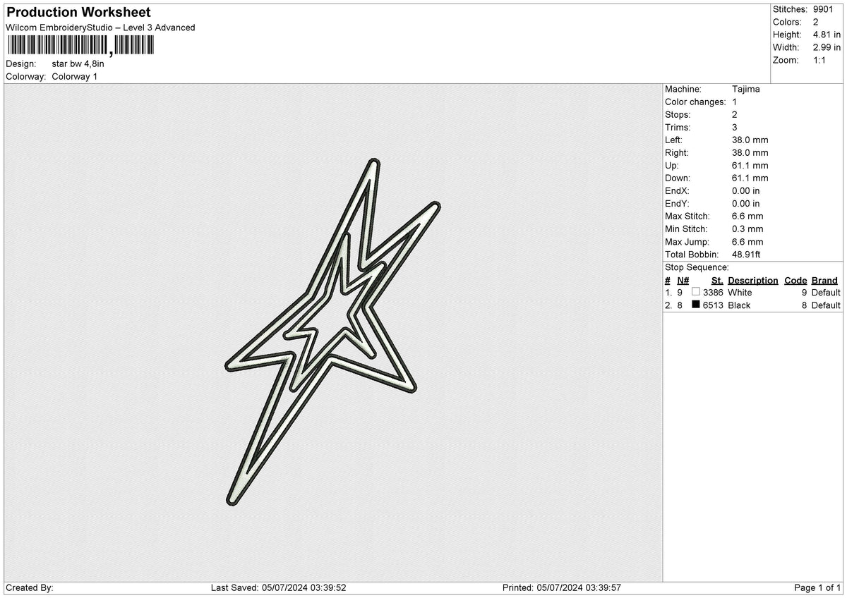 Star Bw Embroidery File 6 size