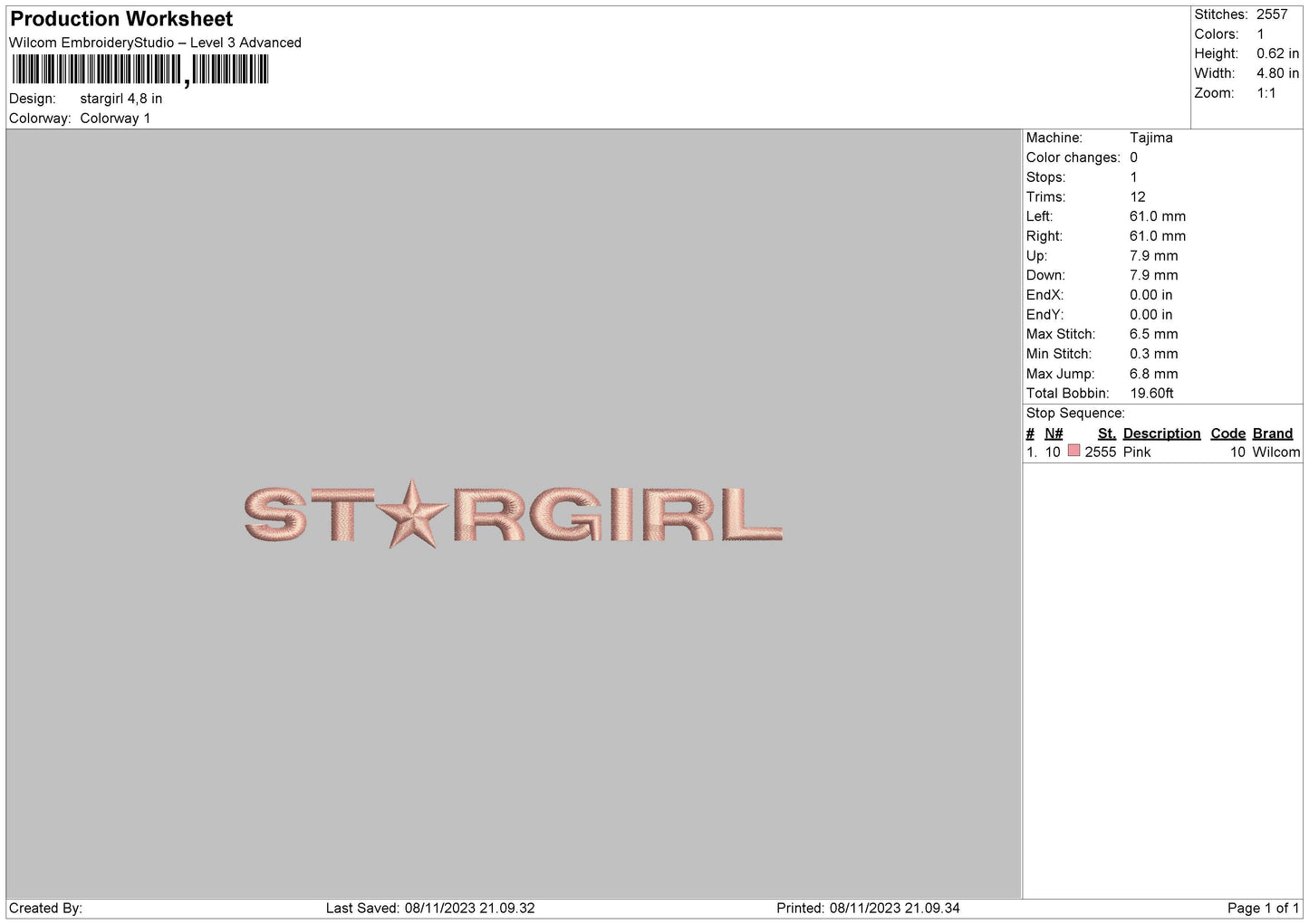 Stargirl Embroidery File 6 sizes