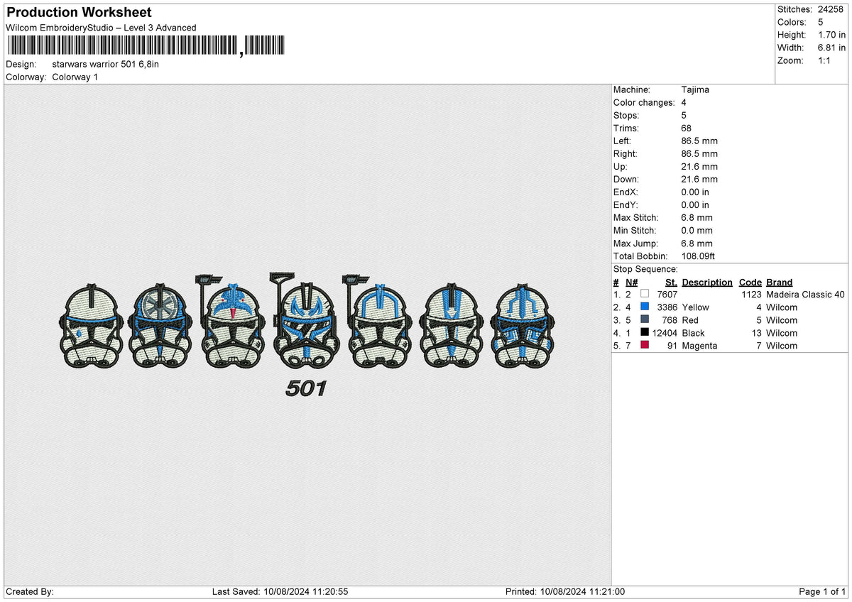 Starwars Warrior 501 Embroidery File 6 sizes