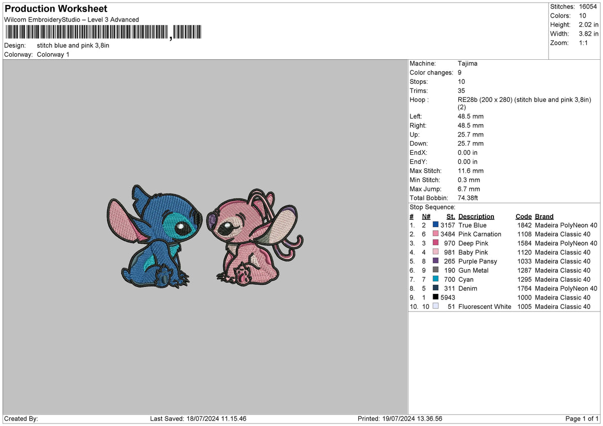 Stitch Blue Pink 02 Embroidery File 6 sizes